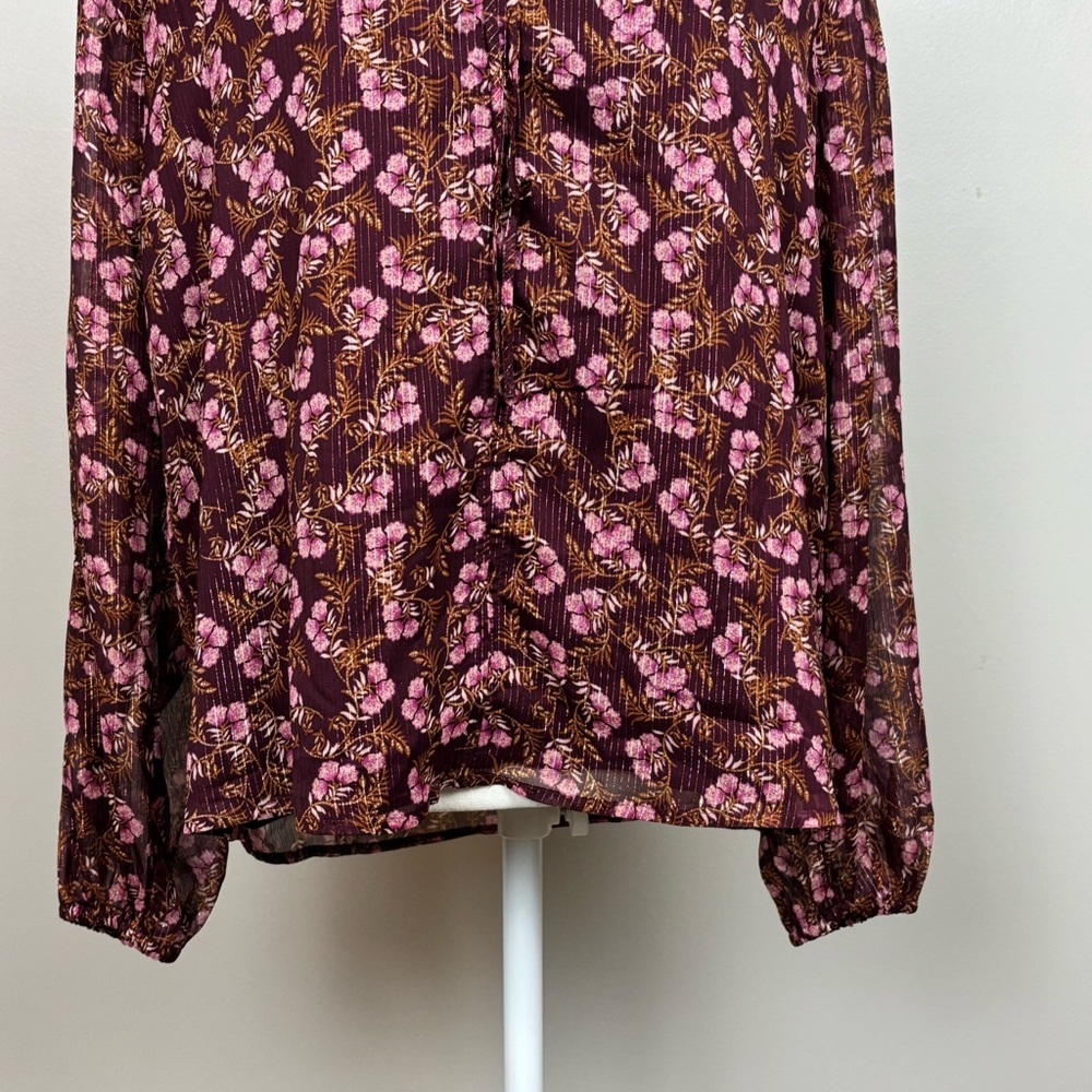 Loft Top Medium Burgundy Floral Lined V-Neck Tie Front Long Sleeve Blouse - Picture 3 of 11
